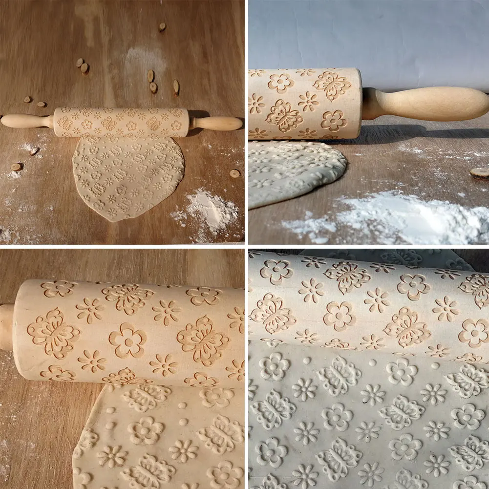 Wood Bakng Mold Heart-Shaped Rolling Pin Rose Valentine'S Day Romantic Embossing Mold Tool Kitchen Cookies Carving Cake DIY