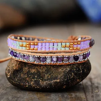 

Premium Purple Wrap Bracelets W/ Amethysts Beaded 2 Layers Statement Bracelet Bijoux Bohemian Jewelry Wholesale Dropship