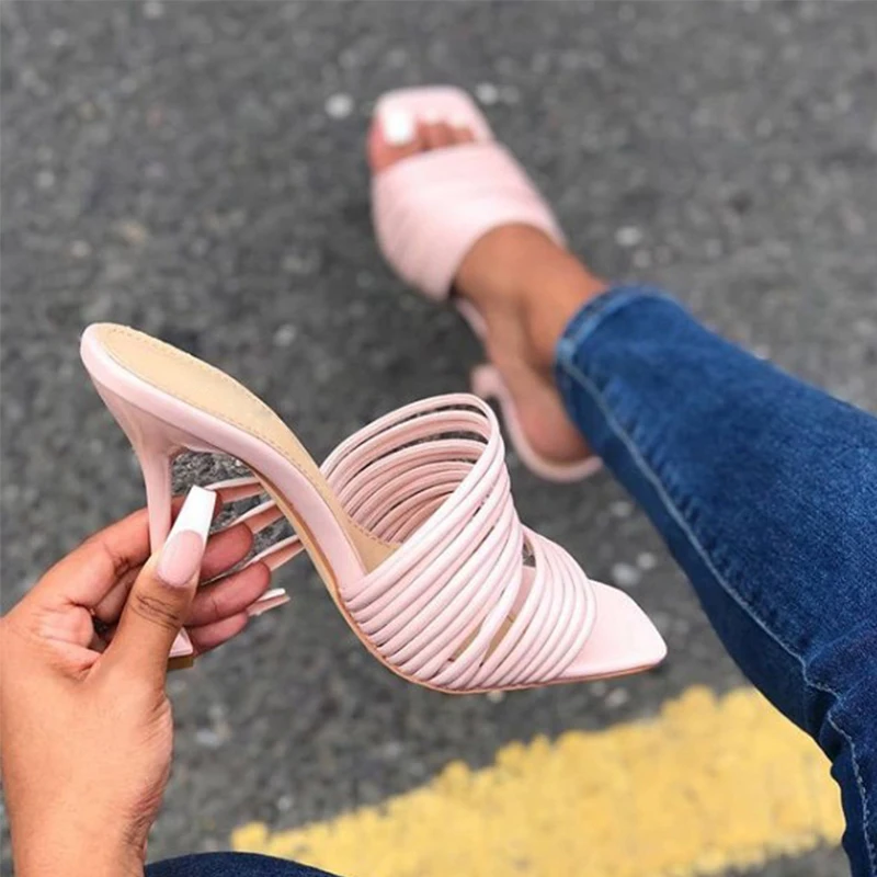 

2021 Fashion Women Summer Slippers Square Toe Party Slides Ladies 11.5 Super High Heels Pumps Outdoor Sandals Plus Size 35-42