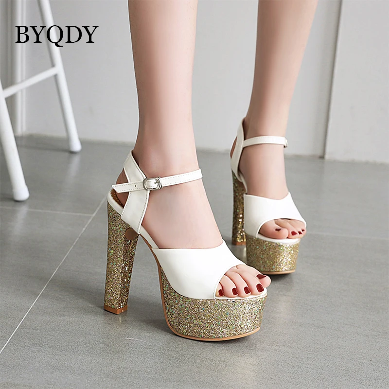 

BYQDY Summer Woman Sandals PU High Heel Wedge Female Sandals Sponge Cake with Open Toe Platform Ankle Strap Wedding Party Shoes