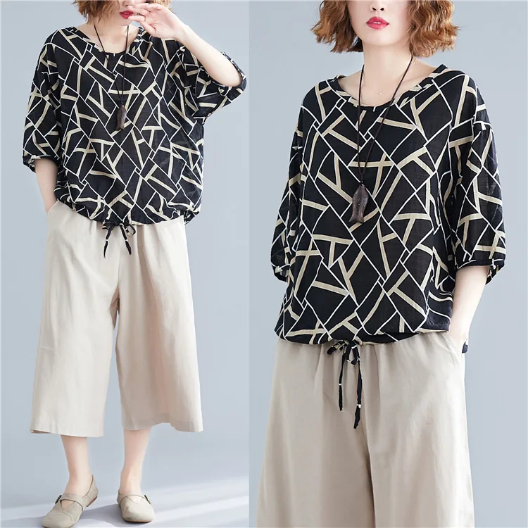 

Photo Shoot Summer Short-sleeved Geometry Slimming V-neck T-shirt Cotton Linen Loose And Plus-sized Tops Women's