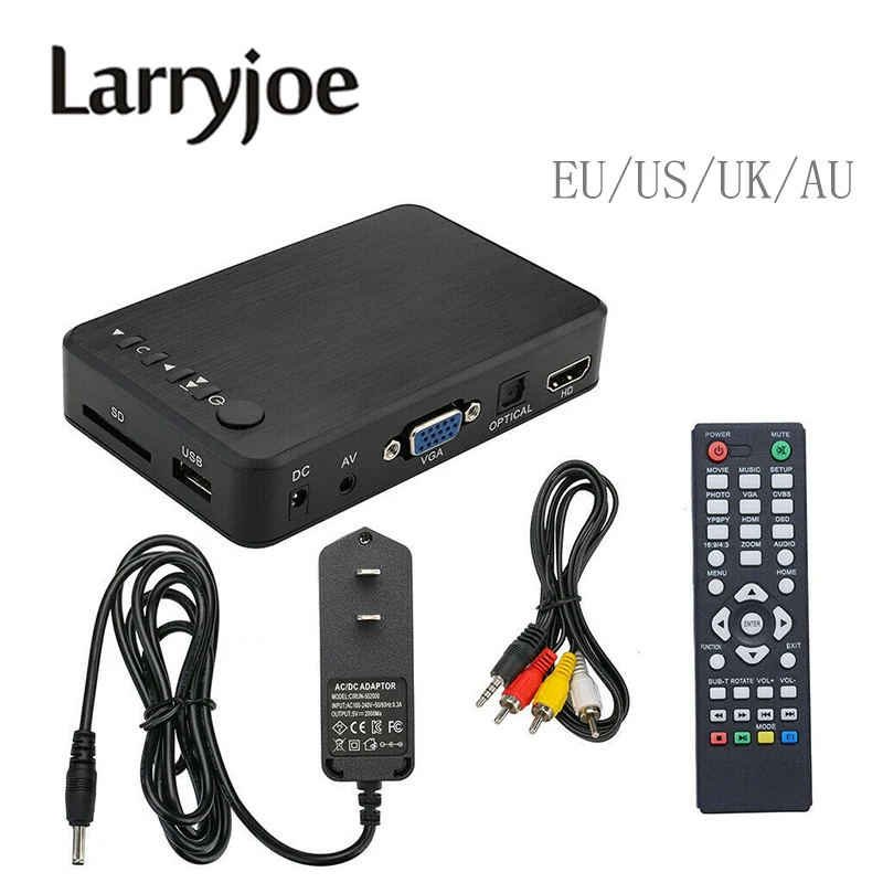 Larryjoe Mini 1080P Full HD HDMI Мультимедийный Плеер Наборы Профессиональный USB внешний HDD медиаплеер с 3 выходами HDMI/VGA/AV - Цвет: US