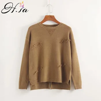 

H.SA casaco feminino Women Sweaters 2019 Long Sleeve Khaki Knit Jumpers Oneck Back Split Korean Fall Pullover and Sweaters Pull