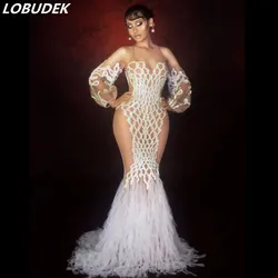 Sexy Off Shoulder Halter Sequins Tassel Mermaid Dress Women Birthday Prom Concert Stage Costume Mesh Transparent Tailing Dresses
