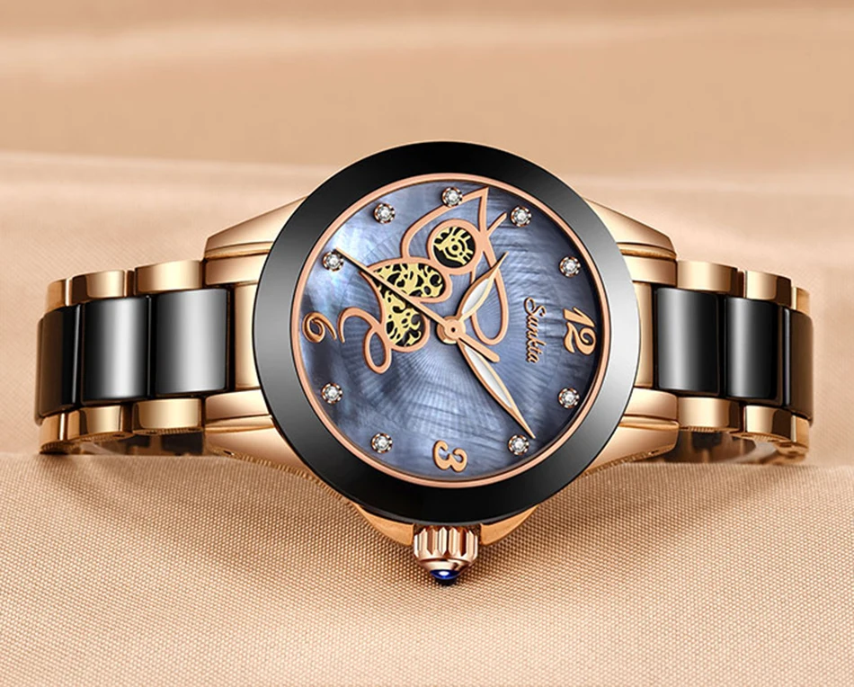 SUNKTA Высокое качество Женские часы со стразами роскошные розовое золото черные керамические водонепроницаемые часы женские классические серии женские часы