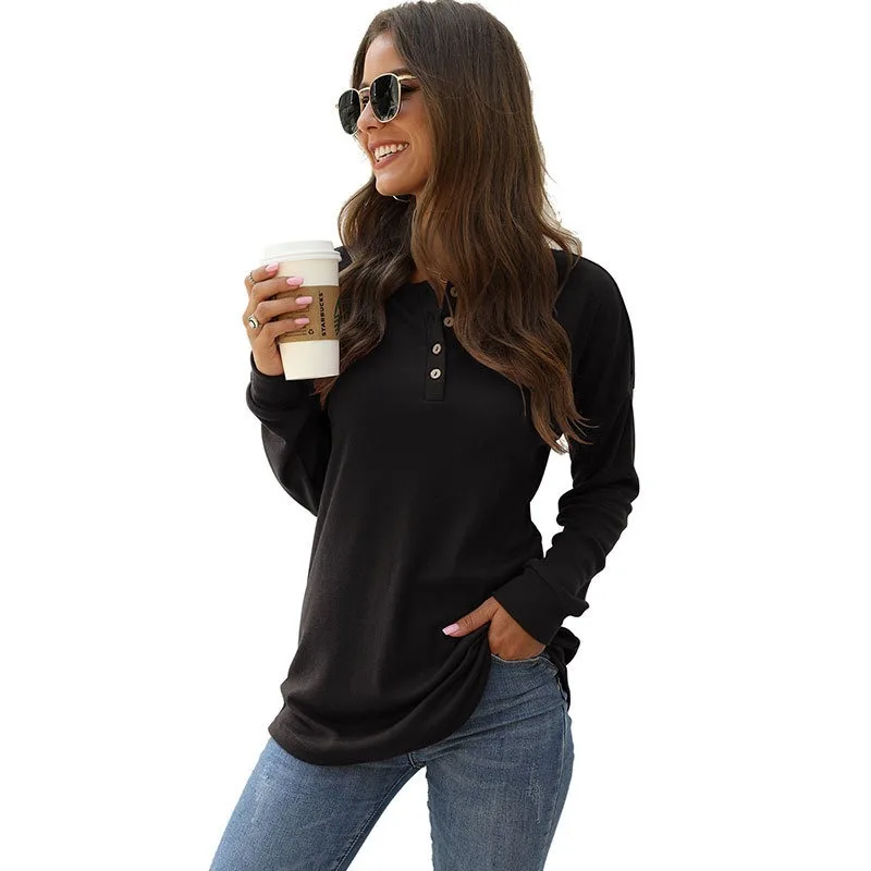 Comfy women s Henley Top Однотонная футболка с длинным рукавом для женщин bluen Damen