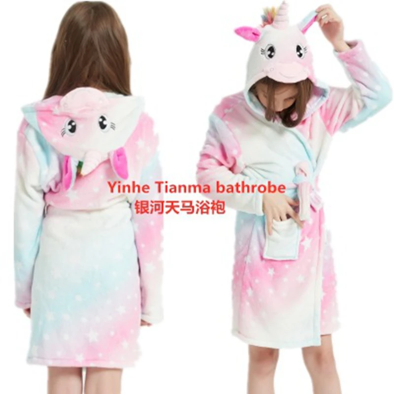 Winter Autumn Children's Flannel Baby Bathrobe Long Sleeve Hooded Kids Sleepwear Boys Girls Nightgowns Unicorn Sleep Robe 3-11Y