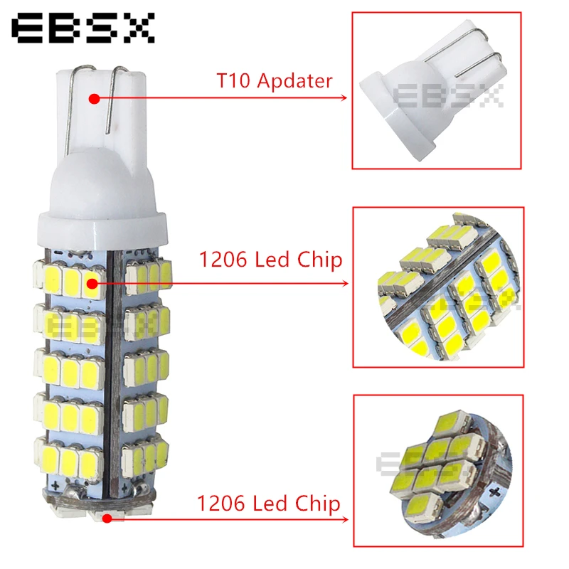 EBSX 100 шт. T10 1206 68 SMD светодиодный свет лампы W5w 194 168 супер белый авто освещение сигнальная лампа Клин свет лампы 12 В Автомобильный свет