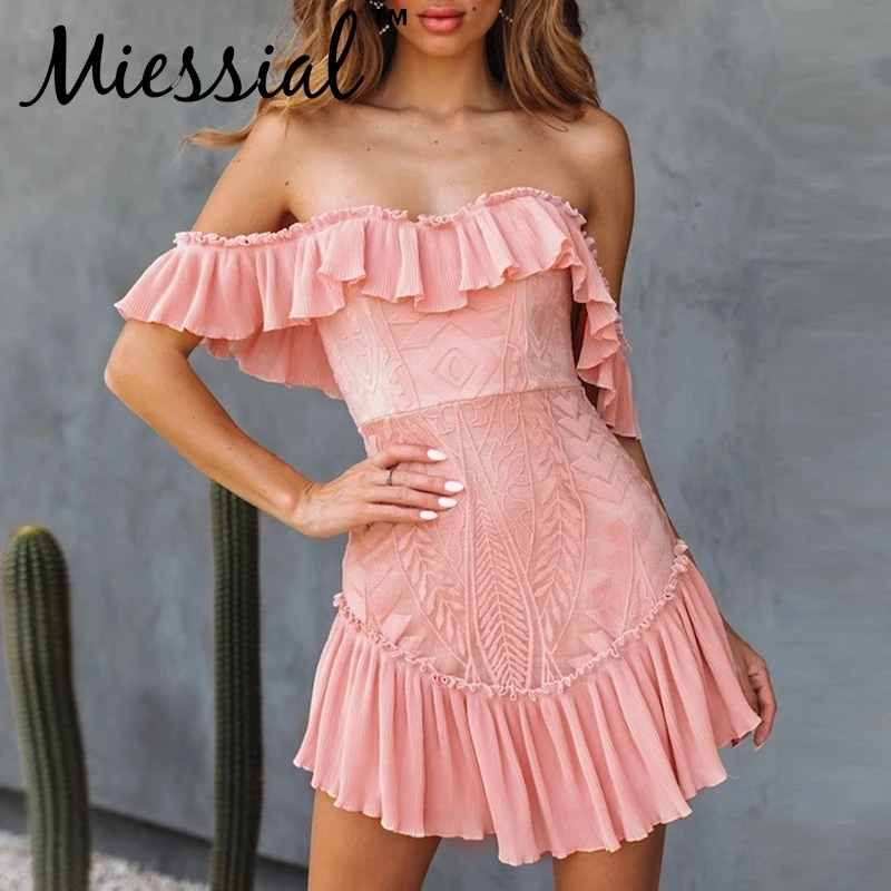 Miessial Розовое Кружевное облегающее платье с открытыми плечами Осеннее винтажное