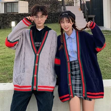 Зимний толстый мужской кардиган, теплый модный контрастный цвет, повседневный вязаный свитер с v-образным вырезом, Мужская Уличная одежда, свободный свитер для пары