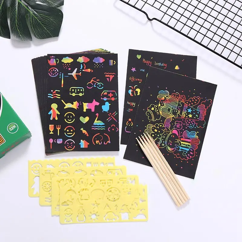 

JULY'S SONG 50 Sheets Magic Color Rainbow Scratch Art Paper Card Set DIY Painting Toy with Graffiti Stencil for Drawing Stick