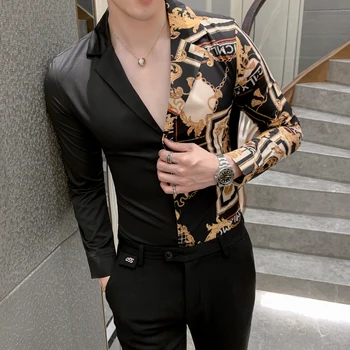 

Black Gold Keychain Print Shirt Men Luxury Designer Shirt Mens Dress Club Baroque Party Shirts For Men Chemise Homme Slim Fit