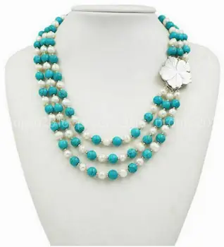 

Natural Gem 3 Rows 7-8mm Freshwater White Pearl Necklace Shell Flower Clasp 18'