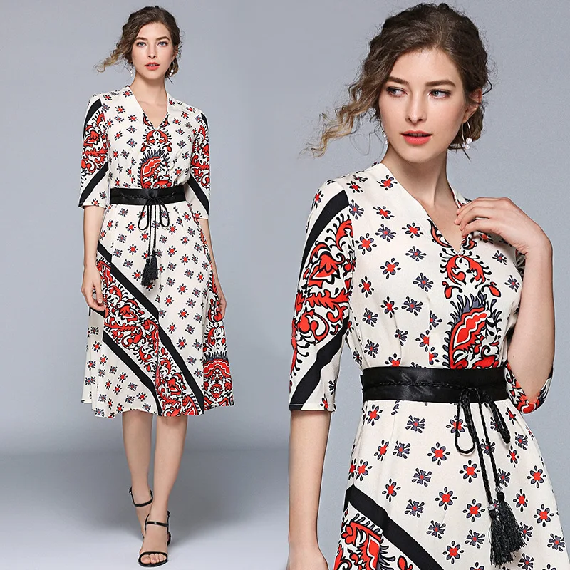 

1304 Ozhouzhan Spring And Summer New Style Printed V-neck Three-quarter-length Sleeve Mid-length Dress