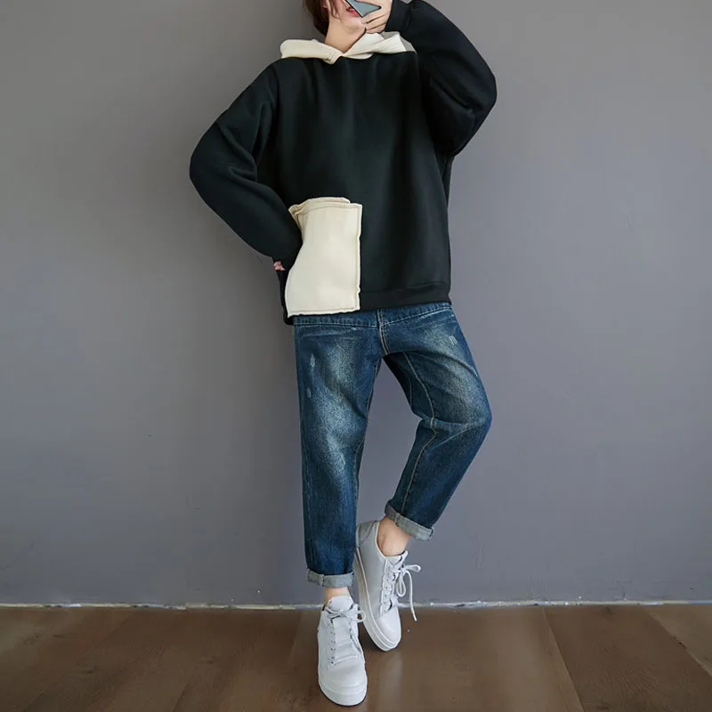 Plus Size Women Hoodies Cotton Thick Flocking Clothing Black Autumn Winter Sweatshirts Female Lady Tops Pullover Hooded