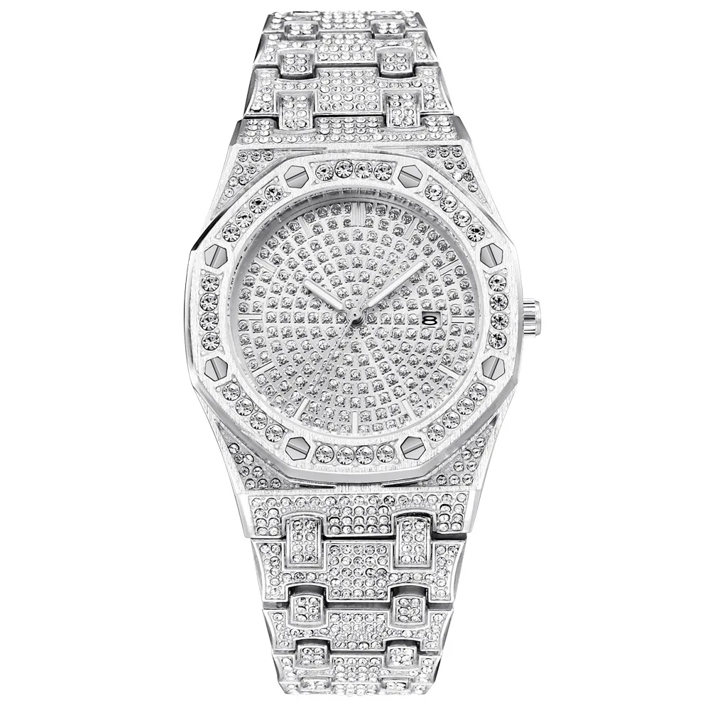 Прямые поставки Лидер продаж хип хоп золотые алмазные мужские часы лучший бренд класса люкс часы со льдом Мужские кварцевые часы календарь большой циферблат подарок - Цвет: Silver