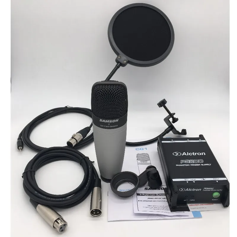 Конденсаторный микрофон SAMSON C01 и фантомное питание Alctron PS200 48 В с поп фильтром для