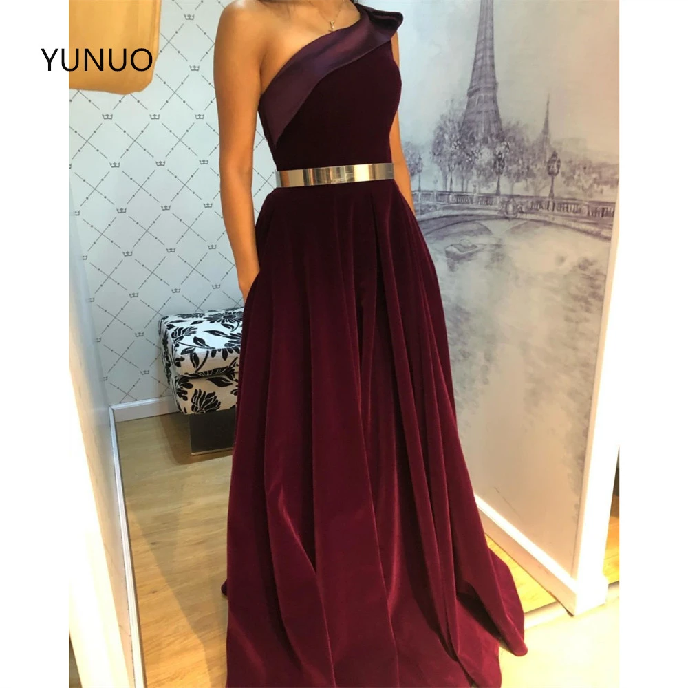 long sleeve prom dresses YUNUO One Shoulder Velvet A-line Evening Prom Dresses with Pockets Sleeveless вечерние платья vestidos Party Formal Gowns Long silver prom dresses