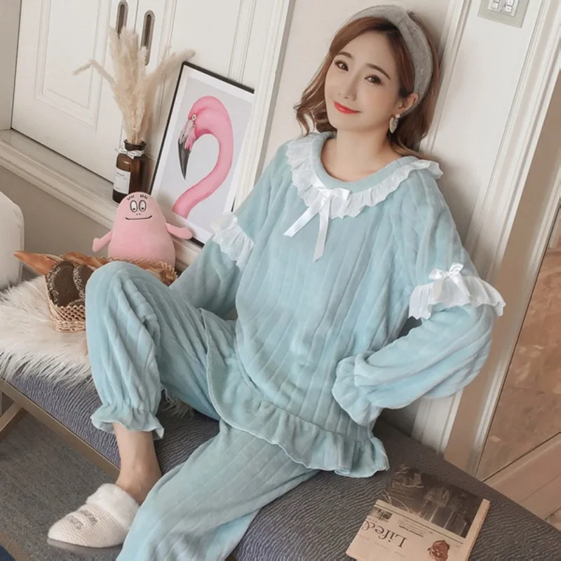 

Thick Warm Flannel Long Sleeve Pajama Sets for Women 2019 Winter Coral Velvet Sleepwear Sweet Lace Homewear Pijama Mujer Clothes