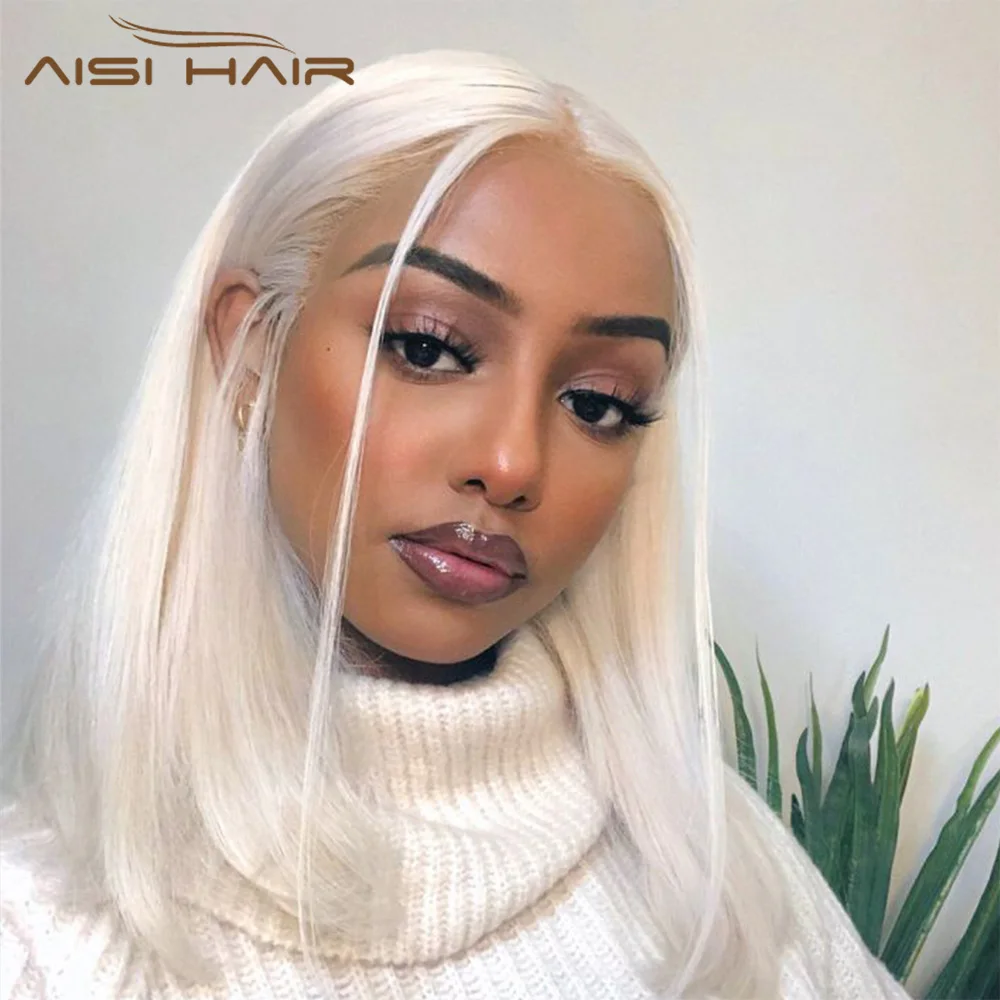 

AISI HAIR 14 Inch Bob Wigs White Color Straight Hair Heat Resistant Synthetic Wigs for Black Women Middle Part Cosplay Wigs
