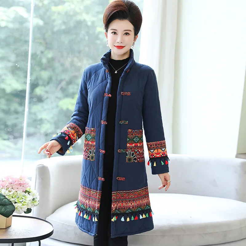 

392 # Photo Shoot Winter New Style Ethnic-Style WOMEN'S Dress Retro Printing plus Velvet plus Cotton Warm Large Size Mid-length