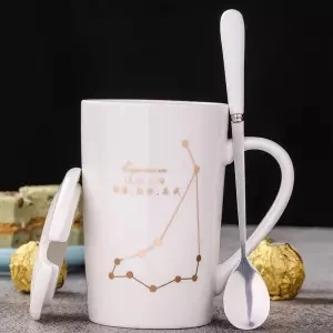 Чашка керамическая чашка кружка с крышкой с ложкой Мужская и женская пара креативная чашка Бытовая чайная чашка молочная чашка кофейная чашка Tazas стакан - Цвет: Capricorn