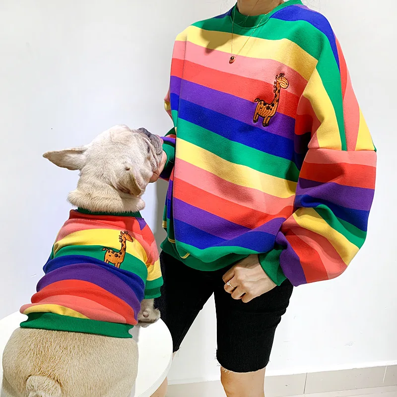 Autumn Dog Clothes Outfit Puppy Fall Look Warm Hoodie Fashion Rainbow Stripe Design Matching Family Pet Bulldog Costume | Дом и сад