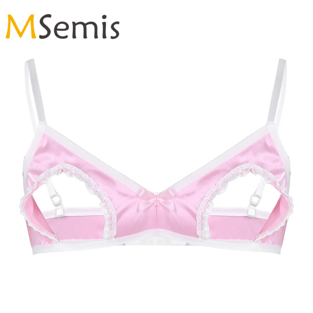 Mens Sissy Crossdress Bra for Sex Lingerie Satin Spaghetti Straps Hollow Out Bra Nipples Wire-free No Padded Open Cup Bra Tops