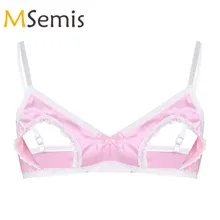 Mens Sissy Crossdress Bra for Sex Lingerie Satin Spaghetti Straps Hollow Out Bra Nipples Wire-free No Padded Open Cup Bra Tops