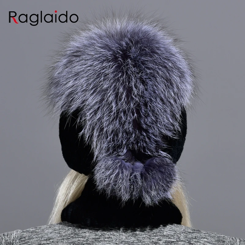 Raglaido женская зимняя шапка шарф Набор для женщин натуральный кроличий мех лисий помпон теплый толстый Модный стильный аксессуар для девочек на открытом воздухе
