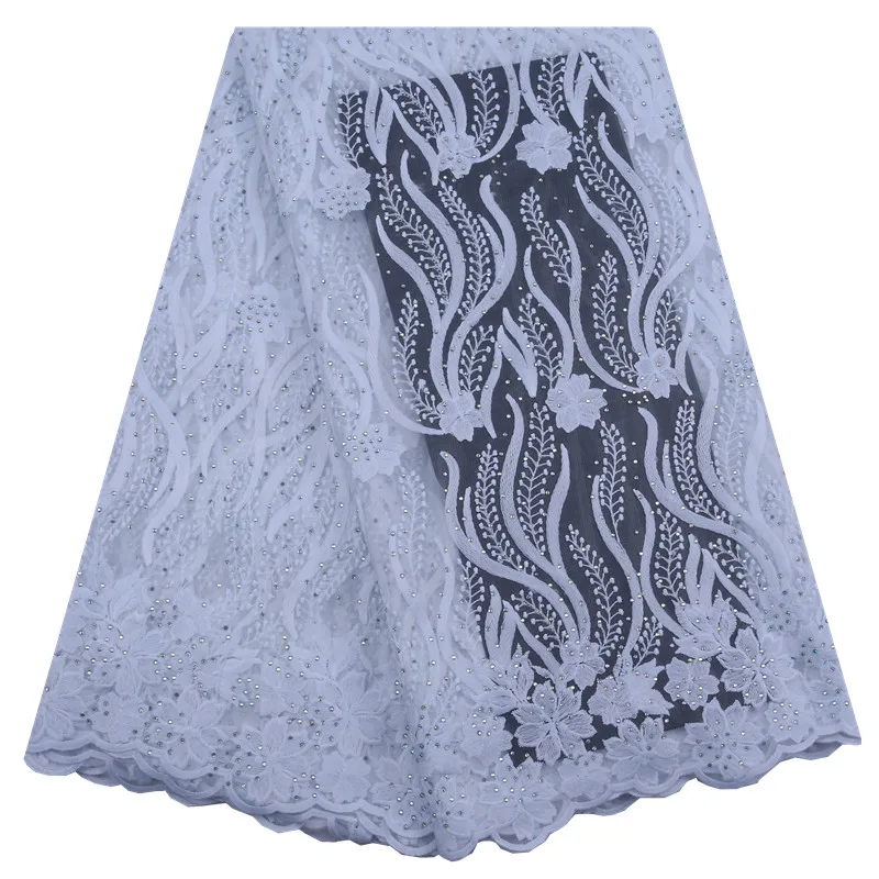 

Latest White African Milk Silk Lace Fabric With Beads High Quality French Tulle Lace Fabric For Wedding Dress Silk Fabric 1535