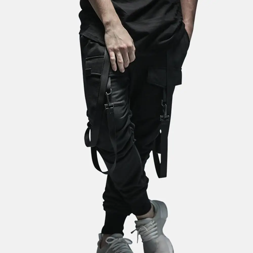 

Fashion Men Pants Solid Color Hip Hop Sweatpants Multi Pockets Straps Drawstring Trousers For Men's Harem Pants