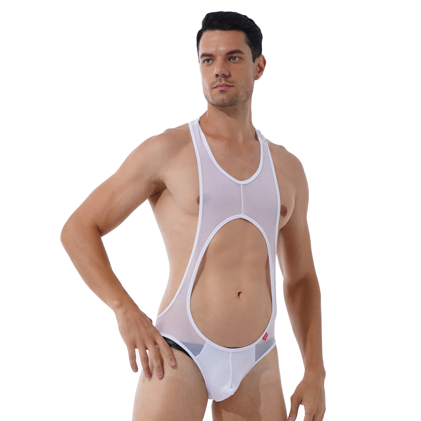 Mens Lingerie See-through Mesh Wrestling Singlet Leotard Fitness Hollow Out Sleeveless Bodysuit Bulge Pouch Skinny Jumpsuit | Спорт и