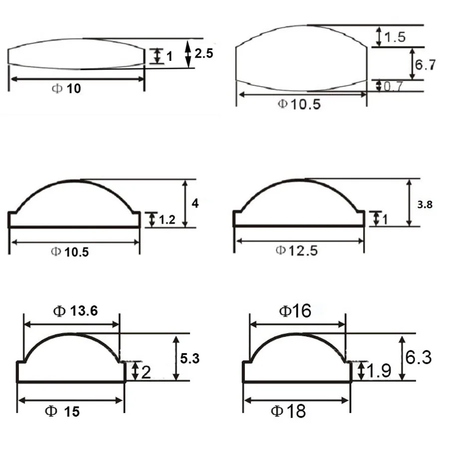 15 20 25 28 32 34 36 38 40 мм 42 45 48 50 56 66 ПММА плоская выпуклая Акриловая линза для