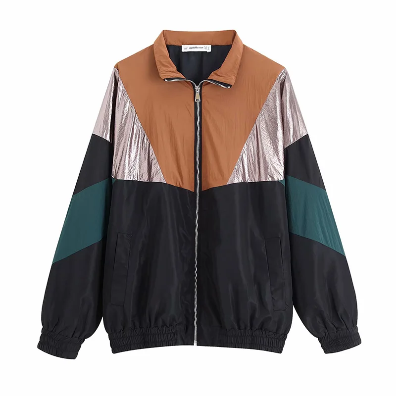 

Contrast Color Jacket Zipper Top Autumn Fashion Casual Long Sleeve Female Jacket Tarpaulin Coats Outwear Ladies Pockets Clothes