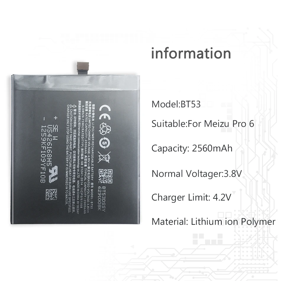 Аккумулятор для смартфона 2560mAh BT53 для Meizu Meizy Pro6 Pro 6 литий-полимерные аккумуляторы