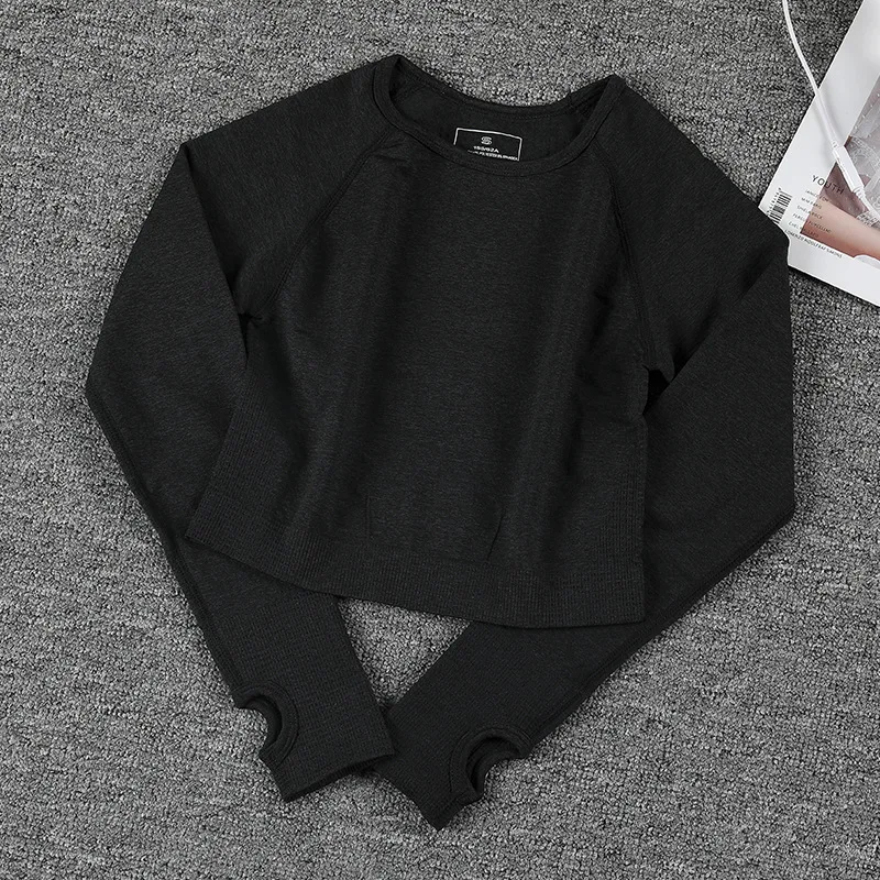 Black Yoga Top Женский бесшовный топ с длинным рукавом для занятий йогой, фитнесом и фитнесом, Спортивная женская футболка, спортивная одежда для женщин ZF311 - Цвет: Black Yoga Top
