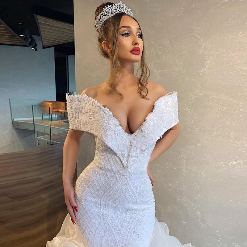 Винтажные Свадебные платья русалки vestidos de novia плюс размер кружева с открытыми плечами каскадные Свадебные платья с оборками на заказ