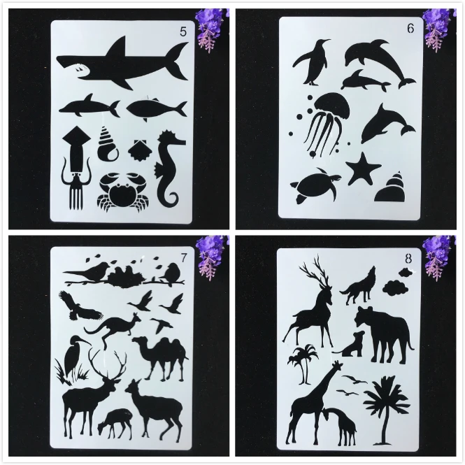 

4Pcs A4 29x21cm Shark Giraffe Ocean Forest Animals DIY Layering Stencils Painting Scrapbook Coloring Embossing Decor Template
