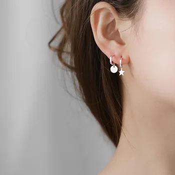 

925 sterling silver earring simple star wafer stud earring short pendant circle chic asymmetrical personality boy girl ear jewel