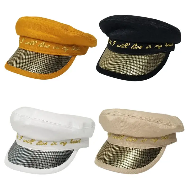 

European Style Women Girls Flat Top Navy Cap Golden Letters Embroidery Metallic Plaid Gird Panel Harajuku Sun Visor Beret Hat