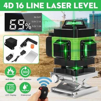 

16 Line Laser level 4D 360° Self Leveling Horizontal And Vertical Cross Measure Tool LED Display LD Green Light Laser Level