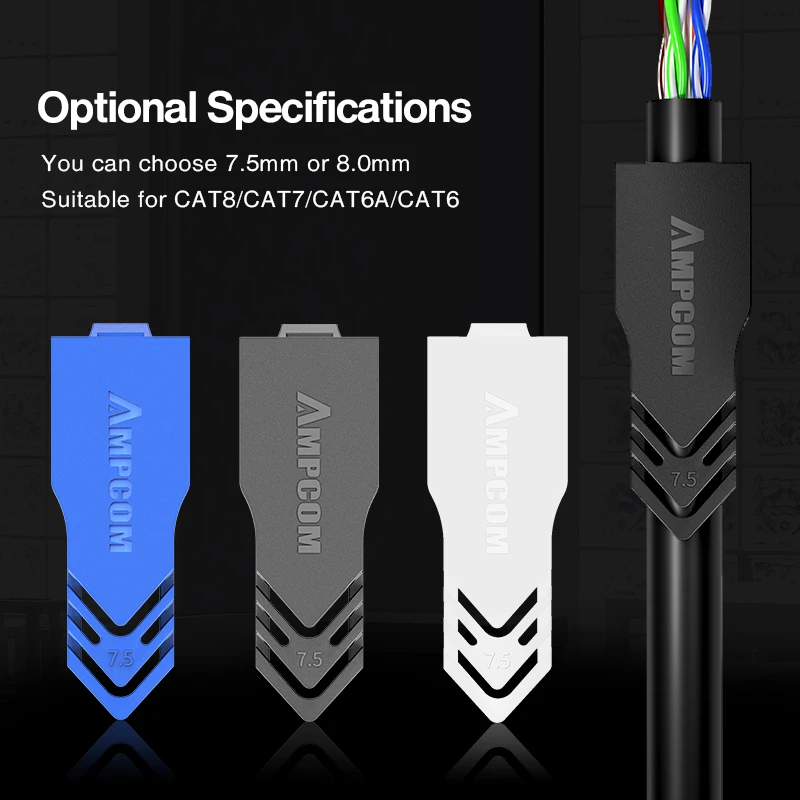 Cabo de Rede Ethernet Ampcom Botas de Alívio de Tensão Cabo Rj45 Conector Plug Cobre 6.5 7.5 8.0 mm para Cat8 Cat7 Cat6a Cat6 Cat5e - Imagem 2