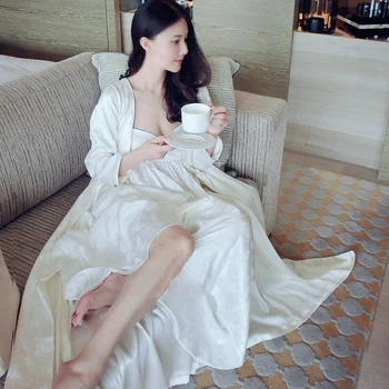 

New Women's Long Robe Royal Embroidery Jacquard Silk Sleepwear Two Pieces Set Nightgown Pajamas Night-robe Female Nightdress