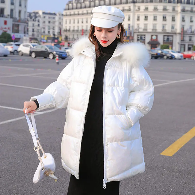 white Меховым воротником Зимняя средняя длинная куртка женская зимняя куртка толстый теплый женский свободный пуловер с капюшоном пуховик хлопковая куртка белая куртка парки - Цвет: white