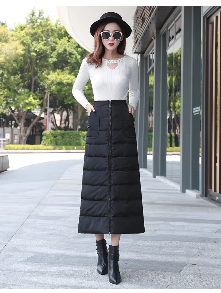 Winter Fall Fashion Women Elastic High Waisted Black Thick Warm Long Cotton Down Skirt Female Woman Padded Skirts