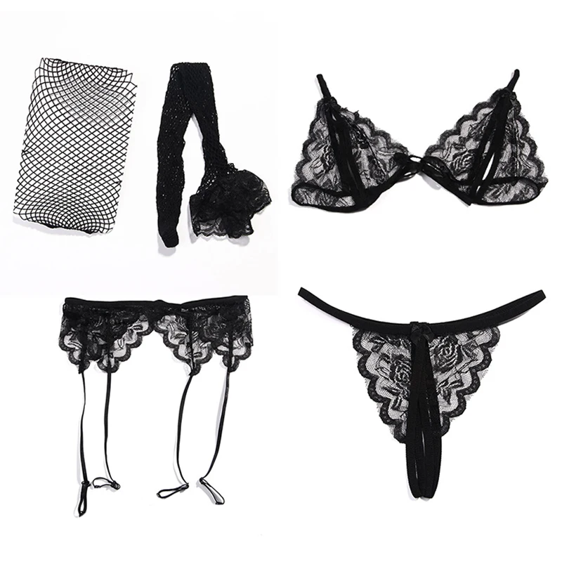 cute underwear sets 4Pcs Set Women Lace Net Stockings & Garters & G-string And Bra Set Sexy Lingerie Sets Deep V Hot Erotic Bralette Underwear Set black underwear set