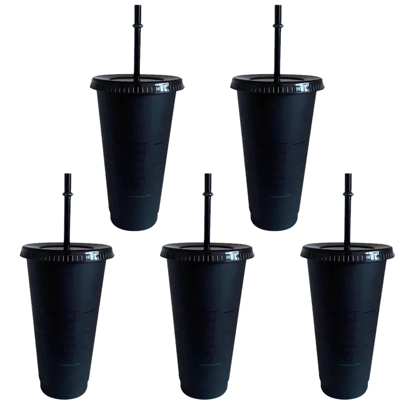 5Pcs Black Coffee Cup With Logo Reusable Plastic Water Bottle Cold Lid And Straw Summer Collection Mug 710ml | Дом и сад