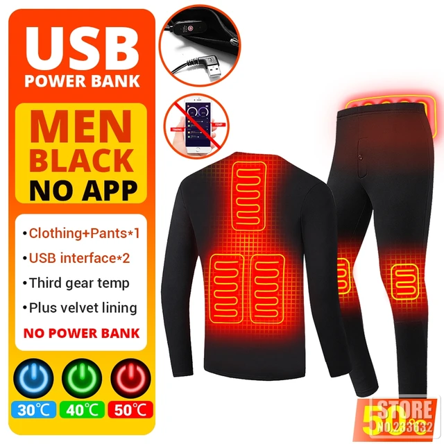 Winter Heated Underwear Suit Smart Phone APP Control Temperature USB Battery Powered  Fleece Thermal Motorcycle Jacket NEW 6 Area Men Black
