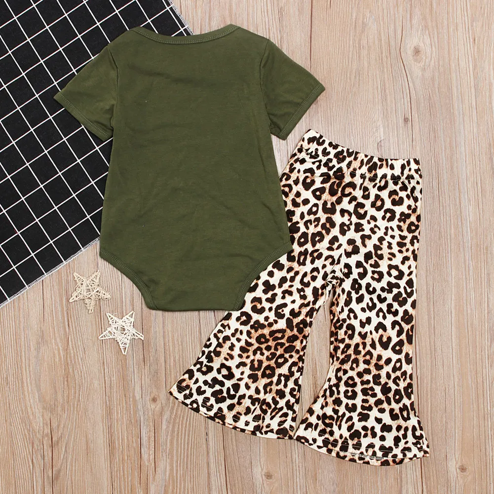 Осенняя одежда; детская одежда для маленьких девочек; футболка; топ; комбинезон+ штаны с леопардовым принтом; Sunsuit; комплекты из 2 предметов; США